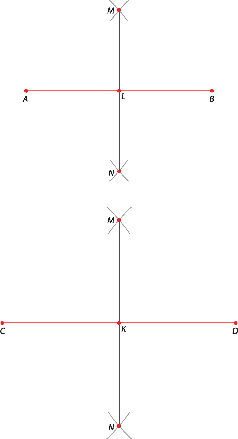 Figura geométrica: Segmento de reta horizontal AB com ponto L no centro. Segmento de reta vertical MN passando pelo ponto L, ponto médio de AB. Figura geométrica: Segmento de reta horizontal CD com ponto médio K indicado. Segmento de reta vertical MN passando pelo ponto K.
