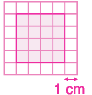 Figura geométrica. Malha quadriculada com indicação da medida do comprimento do lado do quadradinho 1 centímetro. Um quadrado com comprimento do lado igual ao de 4 quadradinhos da malha está representado .