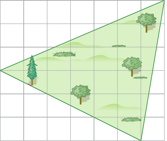 Ilustração. Malha quadriculada com triângulo verde ocupando, ao todo, 19,5 quadradinhos. Nesse triângulo há árvores e arbustos representando se tratar de uma praça.