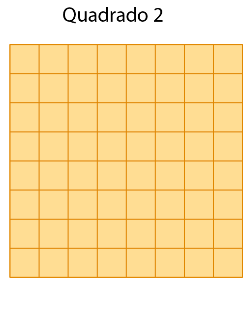 Figura geométrica. Quadrado 2. Quadrado laranja dividido em 8 linhas e 8 colunas, formando 64 quadradinhos menores congruentes.
