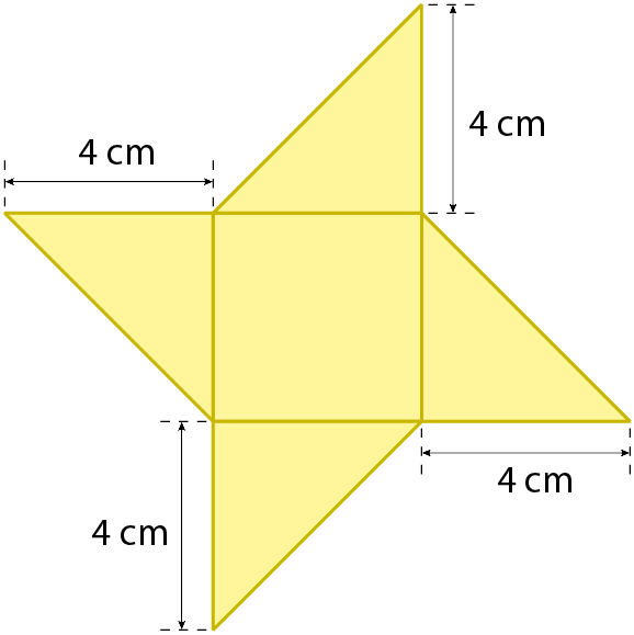 Figura geométrica. No centro, há um quadrado. Em cada lado do quadrado há um triângulo isósceles cujos comprimentos dos lados congruentes medem 4 centímetros.