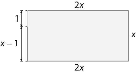 Figura geométrica. Retângulo cinza. Cotas indicando: base do retângulo, 2x; altura à direita, x; altura à esquerda, duas cotas: x menos 1 e 1.