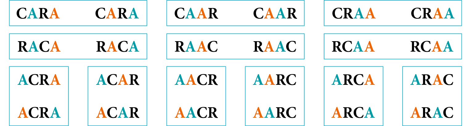 Mesmo esquema anterior. Os anagramas iguais, que só variam as cores das letras estão contornados em pares em quadros azuis: primeiro par C A R A; segundo par C A A R; terceiro par C R A A; quarto par R A C A; quinto par R A A C; sexto par R C A A; sétimo par A C R A; oitavo par  A C A R; nono par A A C R; décimo par A A R C; décimo primeiro par A R C A; décimo segundo par A R A C.