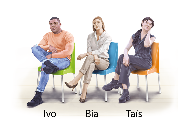 Ilustração. Ivo está na cadeira verde, Bia na cadeira azul e Taís na cadeira laranja.