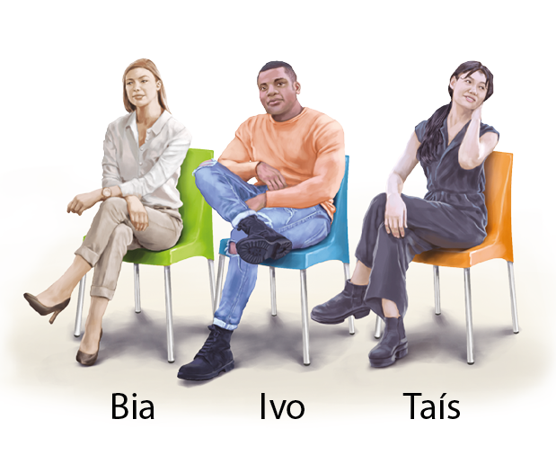 Ilustração. Bia está na cadeira verde, Ivo na cadeira azul e Taís na cadeira laranja.