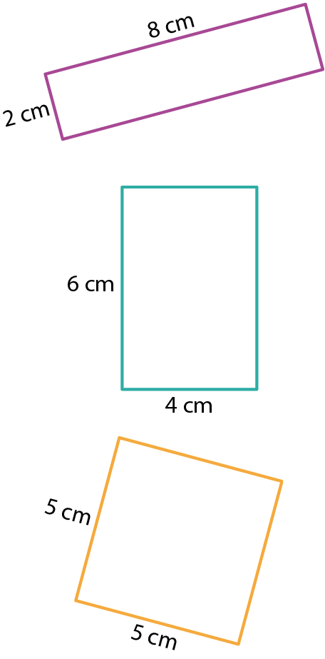 Figura geométrica. Retângulo roxo sendo com comprimento igual a 8 centímetros e altura igual a 2 centímetros. Figura geométrica. Retângulo verde com comprimento igual a 4 centímetros e a altura igual a 6 centímetros. Figura geométrica. Quadrado laranja com comprimento do  lado igual a 5 centímetros.