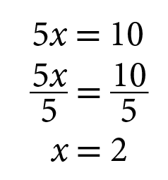 Esquema. 5x igual a 10. 5x sobre 5 igual a 10 quintos. x igual a 2