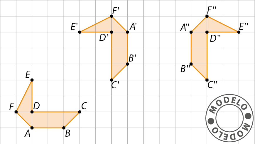 Esquema. Malha quadriculada, à esquerda, figura geométrica de seis lados com os vértices ABCDEF, à direita figura geométrica de seis lados com os vértices A linha, B linha, C linha, D linha, E linha, F linha. À direita, figura geométrica de seis lados com os vértices A duas linhas, B duas linhas, C duas linhas, D duas linhas, E  duas linhas, F duas linhas.