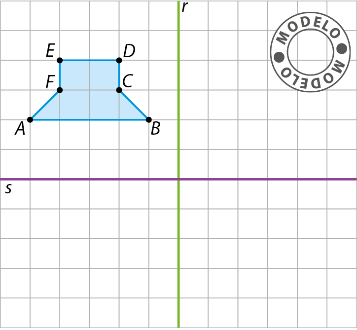 Esquema. Malha quadriculada dividida em 4 partes iguais pela reta vertical r e a reta horizontal s. À esquerda da reta r e  acima da reta s está o polígono azul formado pelos pontos A, B, C, D, E e F.