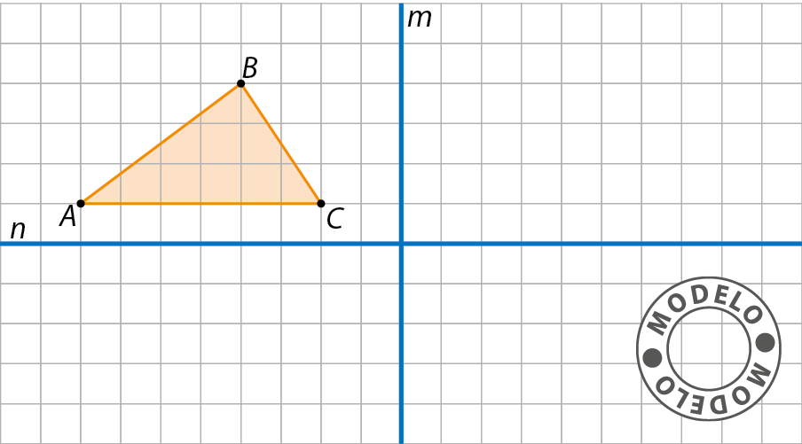 Esquema. Malha quadriculada, à esquerda o triângulo ABC. À direita a reta vertical m, abaixo a reta horizontal n.