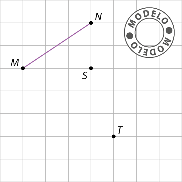 Esquema. Malha quadriculada com o segmento de reta MN. Abaixo o ponto S, abaixo o ponto T.