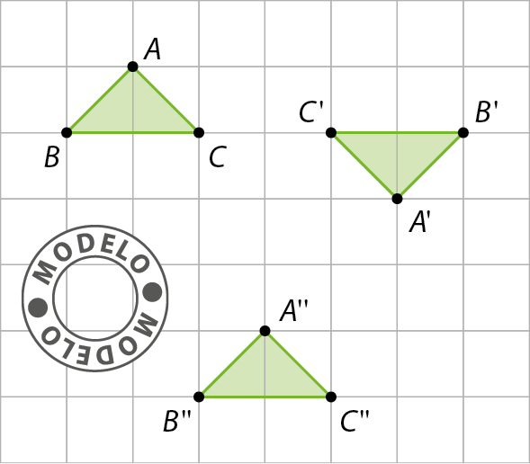 Esquema. Malha quadriculada, à esquerda, o triângulo ABC, à direita o triângulo A linha, B linha, C linha. Abaixo, o triângulo A duas linhas, B duas linhas, C duas linhas.