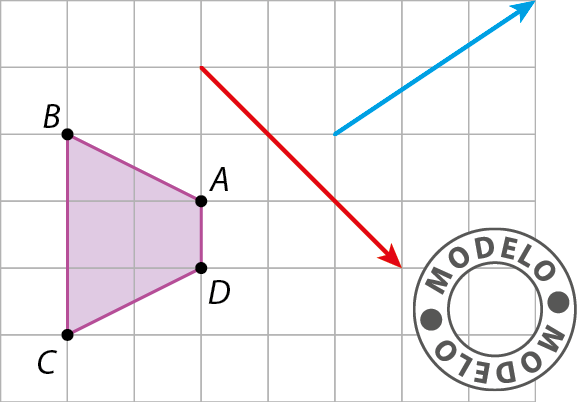 Esquema. Malha quadriculada, à esquerda o trapézio ABCD, à direita o vetor vermelho na diagonal para baixo, à direita, o vetor azul na diagonal para cima.