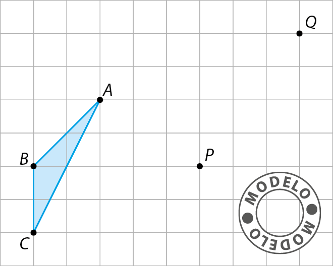 Esquema. Malha quadriculada. À esquerda, triângulo azul ABC, à direita, na mesma direção do vértice B do triângulo, o ponto P, à direita, no canto superior da malha, o ponto Q.