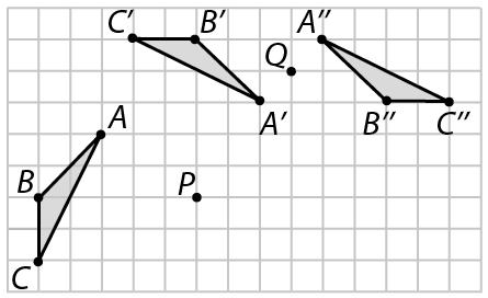 Esquema. Malha quadriculada, à esquerda, triângulo ABC, à direita, o ponto P na mesma direção do vértice B do triângulo. Acima, o triângulo A linha, B linha, C, linha. À direita o triângulo A duas linhas, B duas linhas, C duas linhas. Entre os tiângulos A linha, B linha, C linha e o triângulo A duas linhas, B duas linhas, C duas linhas há o ponto Q.