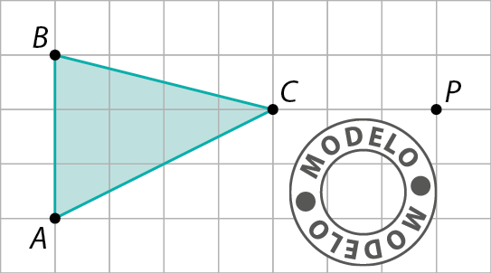 Esquema. Malha quadriculada. À esquerda, triângulo azul ABC, à direita ponto P, na mesma direção que o vértice C do triângulo.