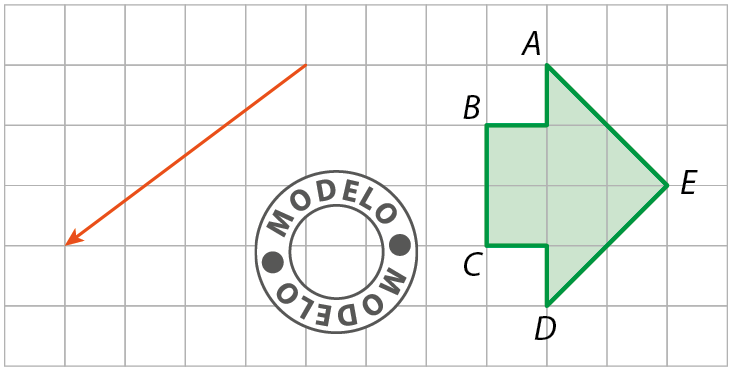 Esquema. Malha quadriculada. À esquerda seta diagonal para a esquerda alaranjada, à direita, polígono ABCDE verde semelhante a uma seta.
