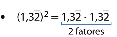 Esquema: abre parênteses, 1 vírgula 32, com um traço horizontal acima do 2, fecha parênteses, elevado a dois, igual a 1 vírgula 32, com um traço horizontal acima do 2, vezes 1 vírgula 32, com um traço horizontal acima do 2. Fio em 1 vírgula 32, com um traço horizontal acima do 2, vezes 1 vírgula 32, com um traço horizontal acima do 2, com a indicação '2 fatores'.