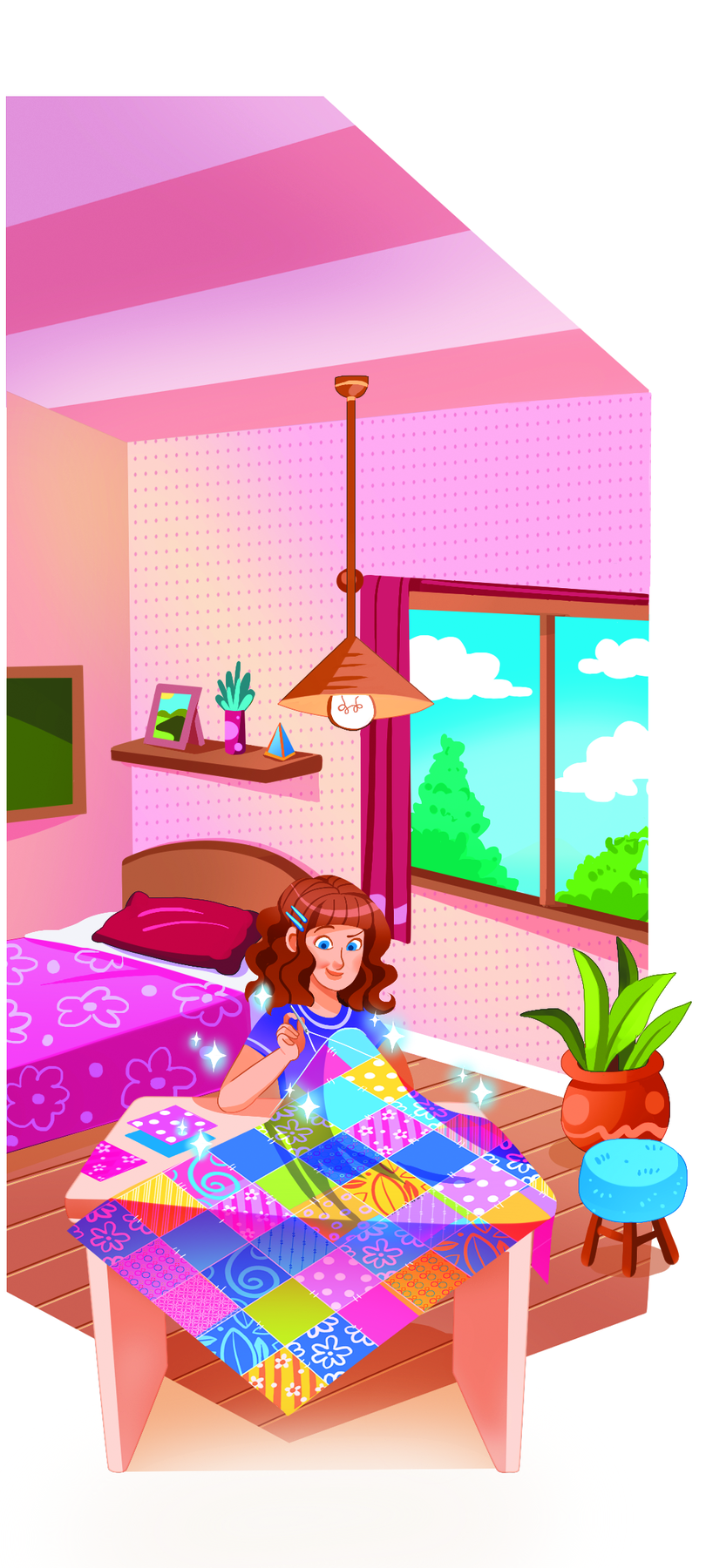 Ilustração. Quarto rosa com janela, cortina rosa, cama, prateleira, banco azul e planta. Na frente, Juliana, mulher branca, cabelo castanho ondulado, vestindo blusa roxa. Está costurando um tapete colorido com a mão direita, que está em uma mesa a sua frente. Ao lado do tecido, outros quadrados de tecido coloridos.