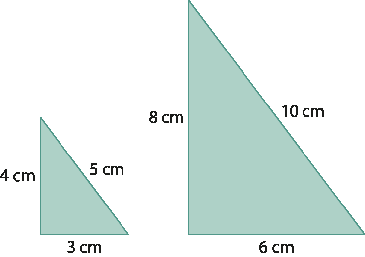 Figuras geométricas. Dois triângulos retângulos. A esquerda, triângulo com catetos de medida de comprimento igual a 3 e 4 centímetros, e medida de comprimento da hipotenusa igual a 5 centímetros. A direita, triângulo com catetos de medida de comprimento igual a 6 e 8 centímetros, e medida de comprimento da hipotenusa igual a 10 centímetros.