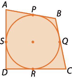 Figura geométrica. Quadrilátero A, B, C e D, circunscrito a uma circunferência. O ponto P tangencia o lado AB, o ponto Q tangencia o lado BC, o ponto R tangencia CD e o ponto S tangencia o lado DA