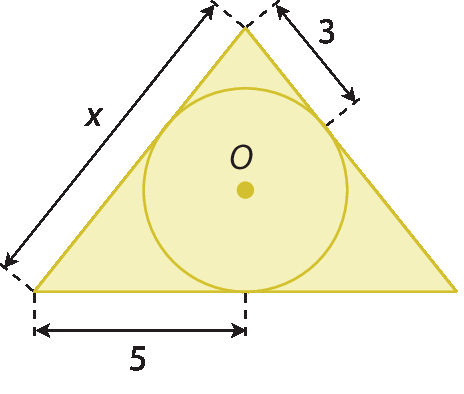 Figura geométrica. Triângulo amarelo com uma circunferência inscrita. Cota indicando que um dos lados do triângulo mede x. Cota indicando que o segmento entre o vértice e o ponto que tangencia um lado mede 3. Cota indicando que o segmento entre o outro vértice e outro ponto de tangência mede 5.