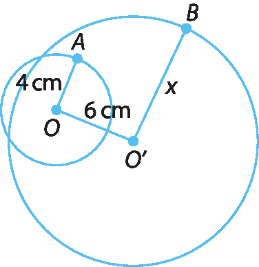 Figura geométrica. Circunferência de centro O e raio OA, secante à circunferência de centro O linha e raio O linha B. A medida do segmento AO é 4 centímetros. A medida do segmento BO linha é x. A medida do segmento OO linha é  6 centímetros.