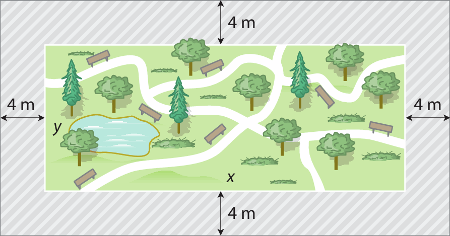 Ilustração. Praça retangular com gramado, caminho de circulação na cor branca e várias árvores e bancos espalhados. Há também um lago no lado esquerdo.  Contornando a praça, área hachurada de largura 4 metros a mais em cada lado.