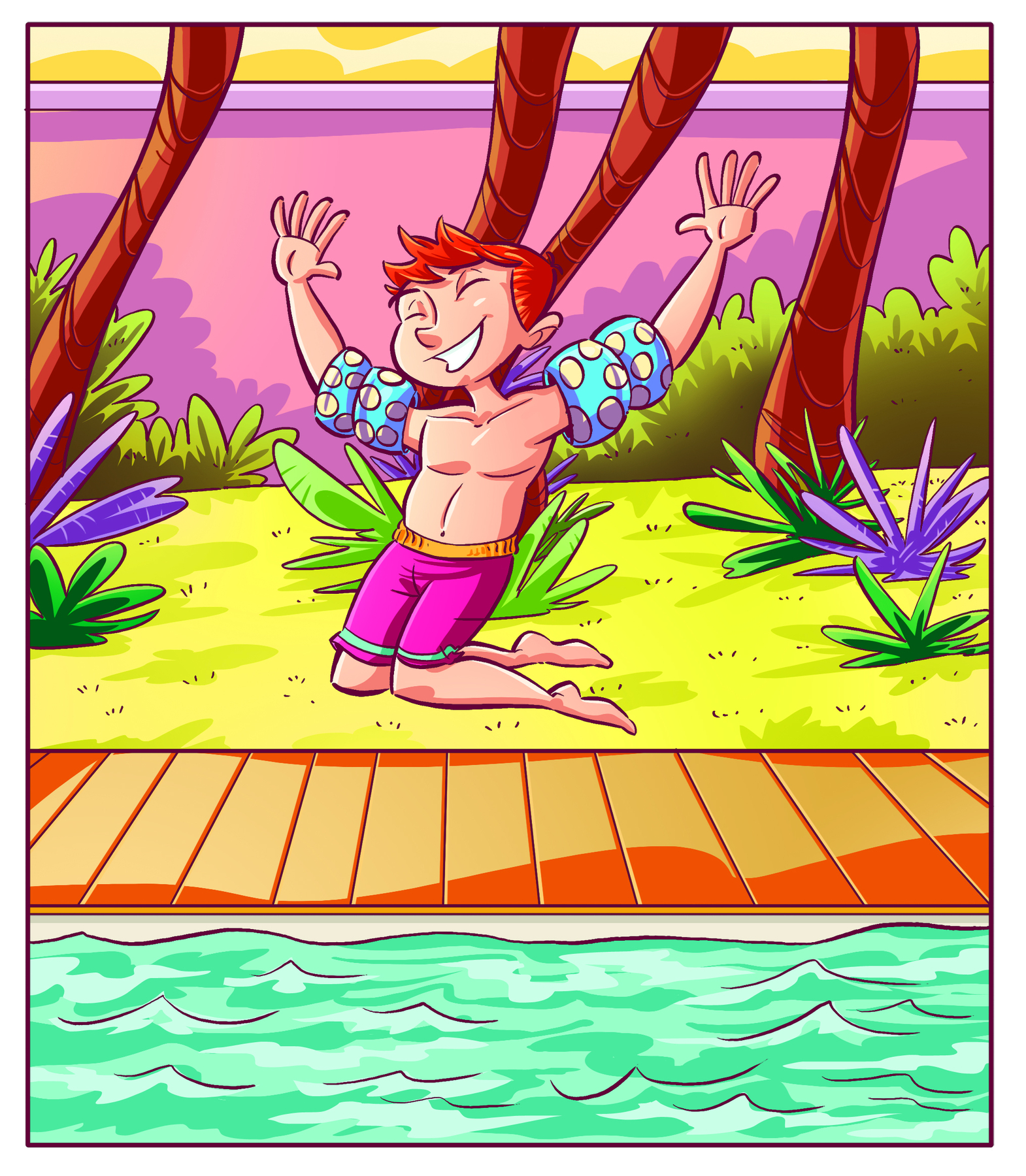 Ilustração. Menino branco e ruivo, vestindo bermuda rosa e boias nos braços. Está com os dois braços levantados e com as mãos espalmadas para frente, ajoelhado na grama. Atrás, troncos de árvores e plantas. Em sua frente, piscina com borda de madeira.