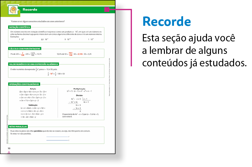 Esquema. Reprodução em tamanho reduzido de uma das páginas da seção Recorde. Há um fio roxo, no canto superior direito,  que associa a reprodução  ao texto: Recorde. Esta seção ajuda você a lembrar de alguns conteúdos já estudados.