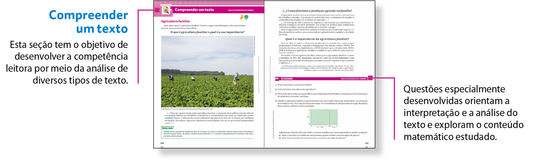 Esquema. Reprodução em tamanho reduzido de duas páginas da seção Compreender um texto. Há um fio roxo, no canto superior esquerdo, que associa a reprodução ao texto: Compreender um texto Esta seção tem o objetivo de desenvolver a competência leitora por meio da análise de diversos tipos de texto. Há um segundo fio roxo, no centro da página à direita, que associa a reprodução  ao texto: Questões especialmente desenvolvidas orientam a interpretação e a análise do texto e exploram o conteúdo matemático estudado.