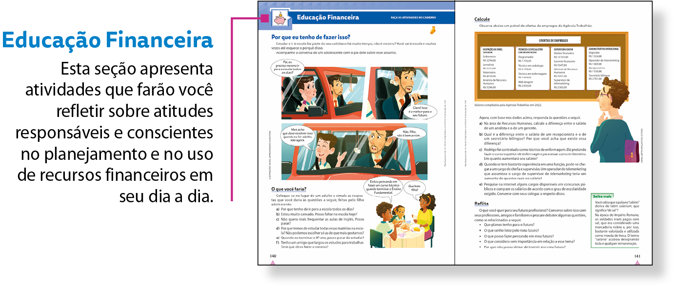 Esquema. Reprodução em tamanho reduzido de duas páginas da seção Educação Financeira. Há um fio roxo, no canto superior esquerdo, que associa a reprodução ao texto: Educação Financeira Esta seção apresenta atividades que farão você refletir sobre atitudes responsáveis e conscientes no planejamento e no uso de recursos financeiros em seu dia a dia.