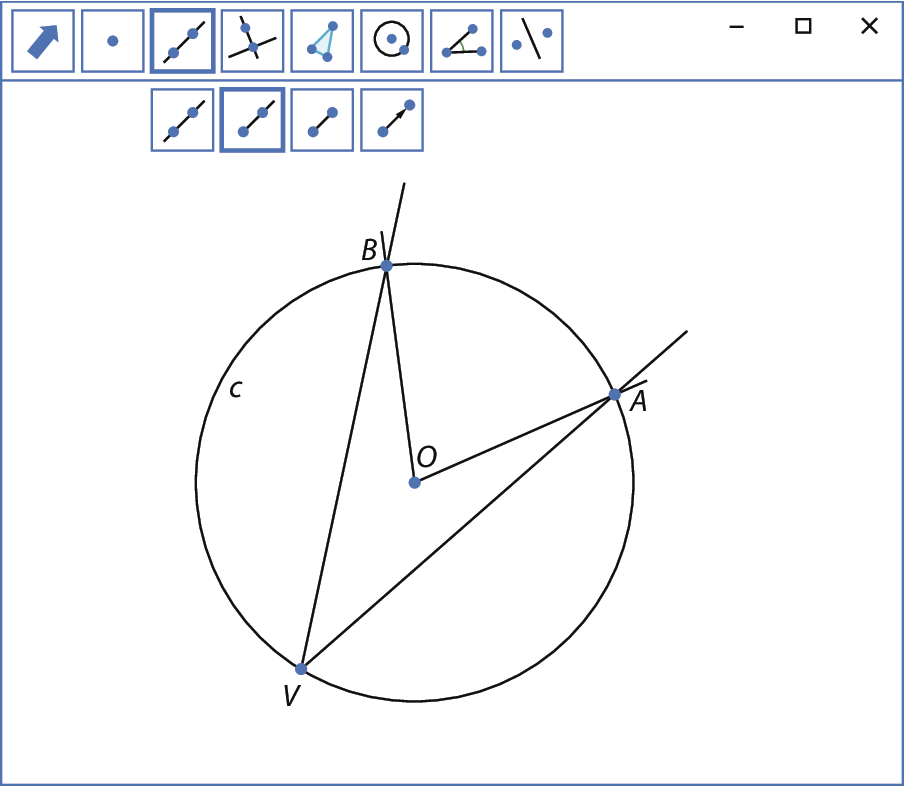 Ilustração. Tela similar a de um software de geometria analítica. Na parte superior, há uma barra com diversos botões. Da esquerda para a direita, os botões correspondem às ferramentas: mover, ponto, reta, reta perpendicular, polígono, circunferência, ângulo e reflexão. Abaixo do botão reta, aparecem da esquerda para a direita os botões que correspondem às seguintes ferramentas: reta, semirreta, segmento de reta e vetor. No canto superior direito aparecem os botões minimizar, maximizar e fechar. Na tela está representada uma circunferência C, com centro no ponto O. Os pontos A, B e V pertencem a circunferência. Estão traçadas as semirretas OA e OB formando um ângulo central e as semirretas VA e VB formando um ângulo inscrito.