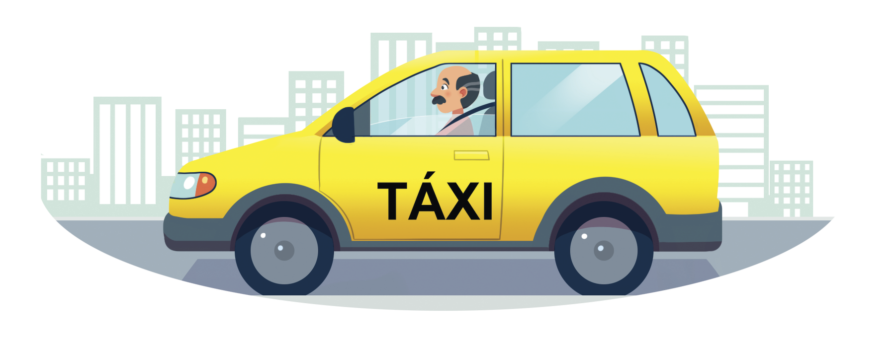 Ilustração. Lateral de um automóvel amarelo com o texto: Táxi. 
Dentro do carro, homem branco, calvo, cabelo e bigode cinzas. Está sentado, com cinto de segurança, dirigindo. Ao fundo, vários contornos de prédios.