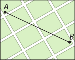 Ilustração. Representação do mapa do bairro formato retangular. Próximo do canto superior esquerdo está o ponto a que representa a casa de Ana. Próximo do canto inferior direito está o ponto B que representa a casa de Beto. Há um segmento de reta ligando A e B.