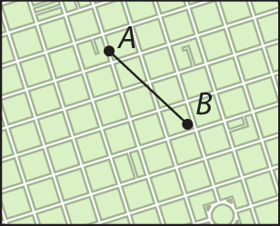 Ilustração. Mesma figura do mapa anterior só que agora visto mais de longe, de forma que os pontos A e B estão mais próximos.