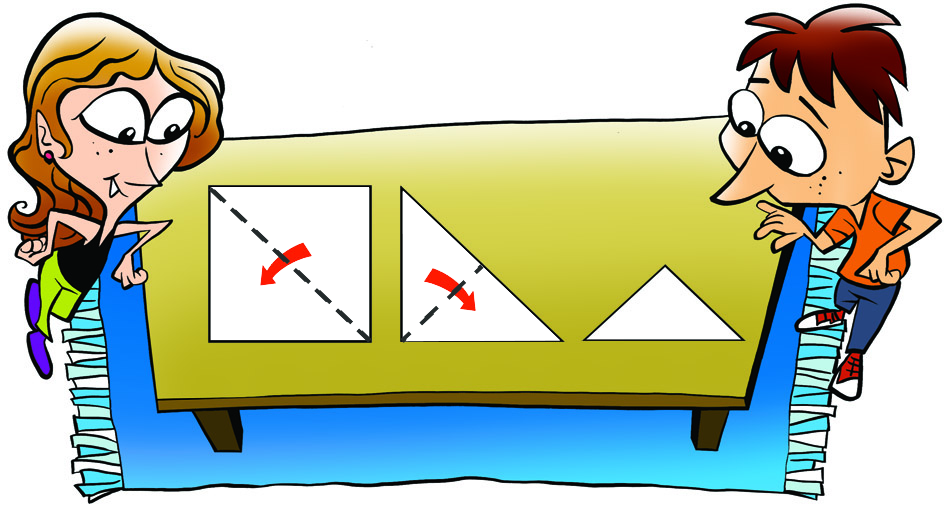 Ilustração. Mesa com uma folha branca com formato de um quadrado e uma diagonal tracejada. Seta para dobrar na diagonal. Triângulo com tracejado no centro. Seta para dobrar ao meio. Triângulo menor. À esquerda da mesa, menina branca de cabelo claro e à direita, menino branco de cabelo castanho.