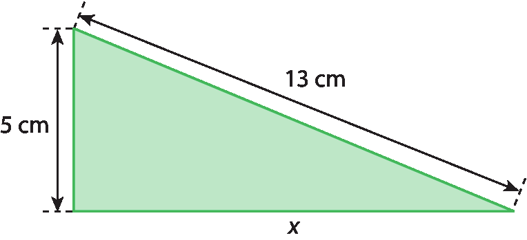 Figura geométrica. Triângulo retângulo verde com medida de comprimento x, medida da altura 5 centímetros e a hipotenusa, com medida de 13 centímetros.