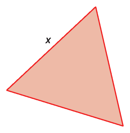 Figura geométrica. Triângulo equilátero vermelho, com cota acima do lado esquerdo indicando medida x.