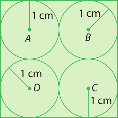 Figura geométrico. Quadrado verde com 4 círculos iguais, tangentes internamente ao quadrado e entre si. Os centos dos círculos são, respectivamente, A, B, C e D e os raios tem medida de comprimento 1 centímetro.