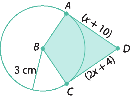 Figura geométrica. Circunferência azul com centro B. Pontos A e C pertencentes a circunferência e ponto D externo a ela. Estão traçados os segmentos BA, BC, DA e DC compondo um quadrilátero de  forma que BA e BC são raios da circunferência e medem 3 centímetros e DA e DC são tangentes a circunferência, medindo cada um, respectivamente, x mais 10 e 2x mais 4.