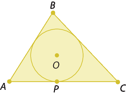Figura geométrica. Triângulo ABC com circunferência de centro O inscrita a ela. O ponto P pertence ao lado AC e é um ponto de tangência.