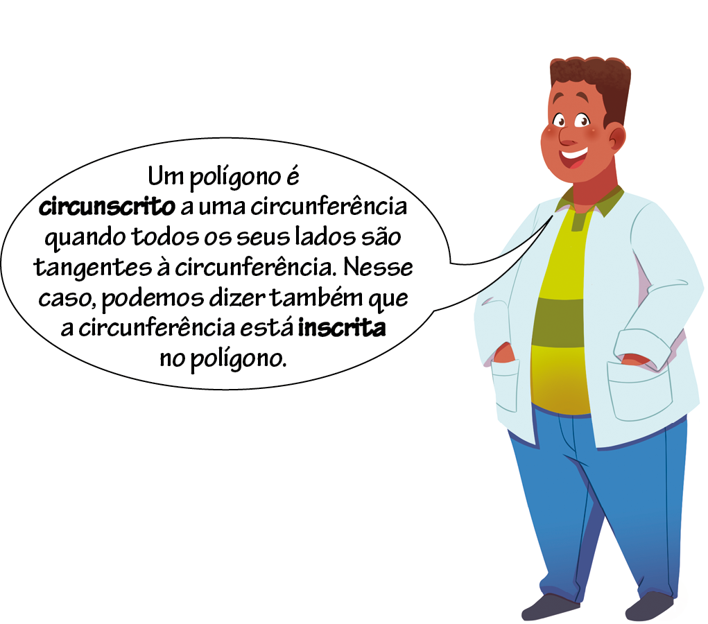 Ilustração. Homem negro, cabelo castanho ondulado, vestindo camisa verde, jaleco branco, calça azul e sapato preto, em pé e com as duas mãos dentro dos bolsos da frente do jaleco. Balão de fala com o texto em preto: Um polígono é circunscrito a uma circunferência quando todos os seus lados são tangentes à circunferência. Nesse caso, podemos dizer também que a circunferência está inscrita no polígono