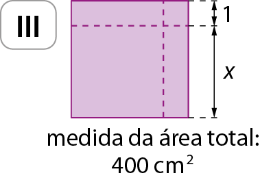 Figura geométrica. À direita, quadro com a numeração romana 3. À esquerda, quadrado roxo com linha tracejada na parte superior no comprimento, com indicação na largura com 1 centímetro e linha tracejada na largura da parte direita do quadrado, com indicação da medida da largura da linha tracejada até e o comprimento da parte inferior do quadrado x. Legenda abaixo em preto: medida da área total: 400 centímetros quadrados.