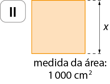 Figura geométrica. À direita, quadro com numeração romana 2. À esquerda, quadrado laranja com medida do lado x. Legenda abaixo em preto: medida da área: 1 mil centímetros quadrados.
