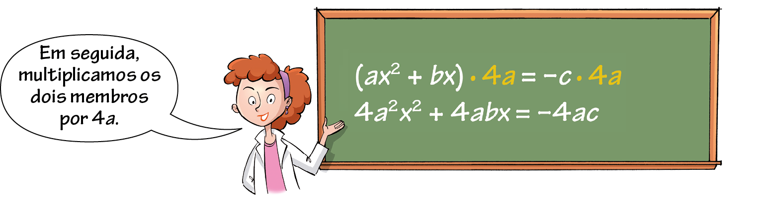 Ilustração. Mesma mulher da ilustração anterior, com a mão direita para trás e a esquerda espalmada para cima, mostrando o quadro. Balão de fala com o texto: Em seguida, multiplicamos os dois membros por 4 vezes a. Ilustração. Quadro de giz verde com sentença matemática. Abre parênteses a vezes x elevado a 2 mais b vezes x fecha parênteses vezes 4 vezes a igual menos c vezes 4 vezes a. Com destaque em amarelo para o sinal de multiplicação e 4a de cada membro da igualdade. Abaixo, 4 vezes a elevado a 2 vezes x elevado a 2 mais 4 vezes a vezes b vezes x igual menos 4 vezes a vezes c.
