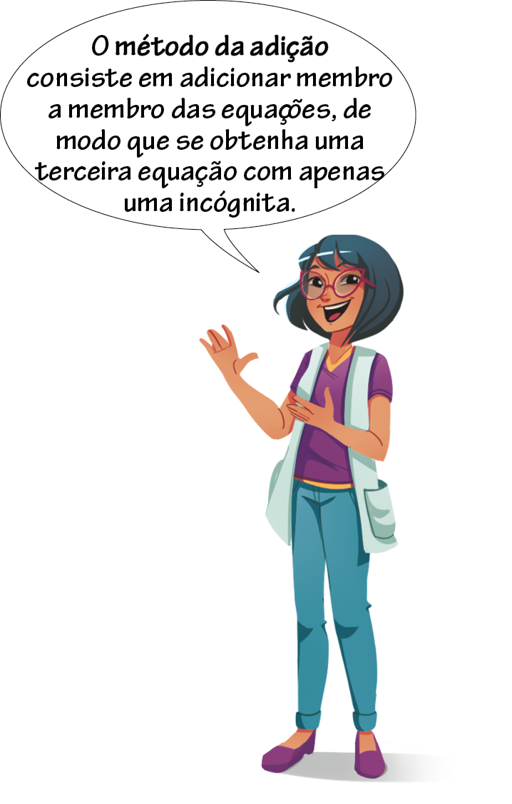 Ilustração. Mulher branca, cabelo azul escuro, com óculos vermelho, vestindo blusa roxa, calça azul e sapato roxo, com jaleco branco. Está com a mão direita espalmada para frente e a mão esquerda espalmada para trás. Balão de fala com o texto: O método da adição consiste em adicionar membro a membro das equações, de modo que se obtenha uma terceira equação com apenas uma incógnita.