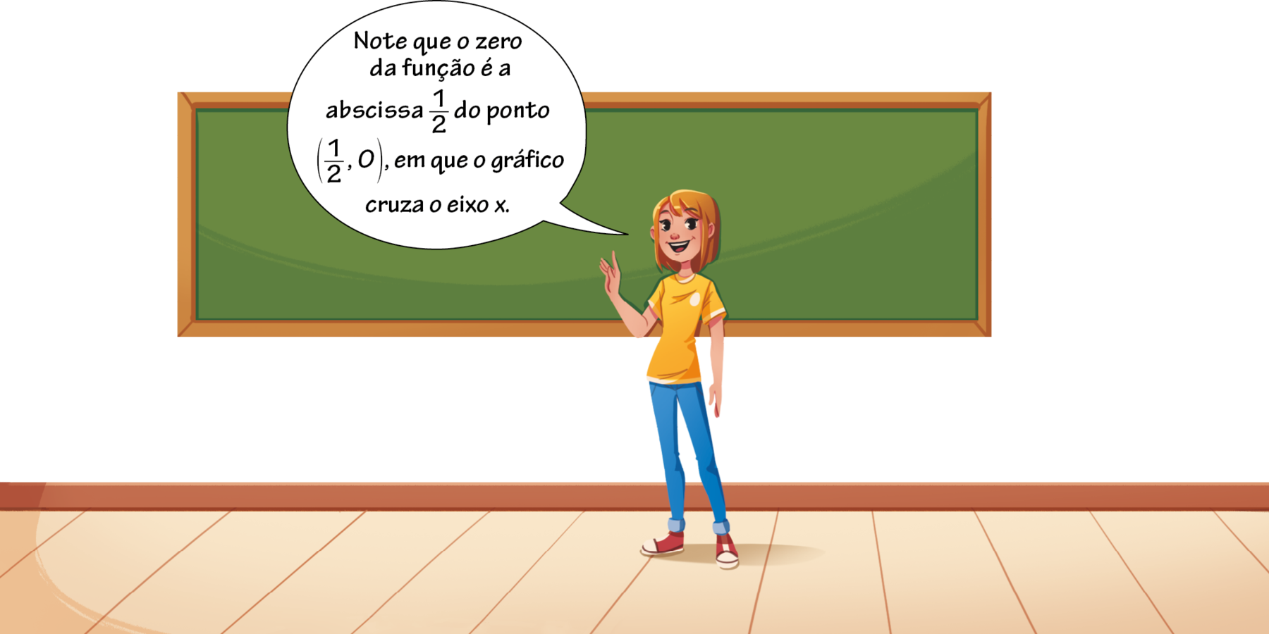 Ilustração. Mulher branca, vestindo camiseta amarela, calça azul e tênis vermelho. Está com a mão direita levantada e espalmada para frente. Atrás, uma lousa verde. Balão de fala com o texto: Note que o zero da função é a abscissa fração 1 sobre 2 do ponto abre parênteses fração 1 sobre 2 fim da fração vezes 0 fecha parênteses, em que o gráfico cruza o eixo x.