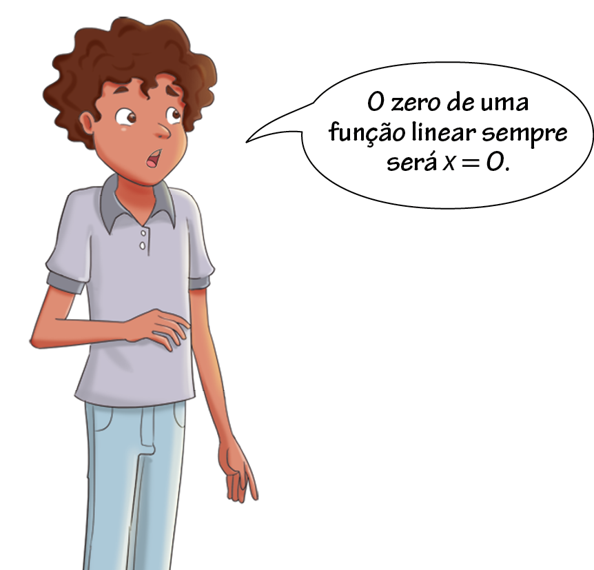 Ilustração. Mário, homem negro, cabelo castanho, vestindo camisa de gola cinza e calça azul. Está com a mão direita espalmada para baixo. 
Balão de fala com o texto: O zero de uma função linear sempre x igual 0.