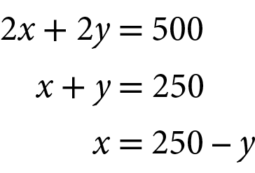 Sentenças matemáticas. 2x mais 2y é igual a 500.
Abaixo, x mais y é igual a 250.
Abaixo, x é igual a 250 menos y.